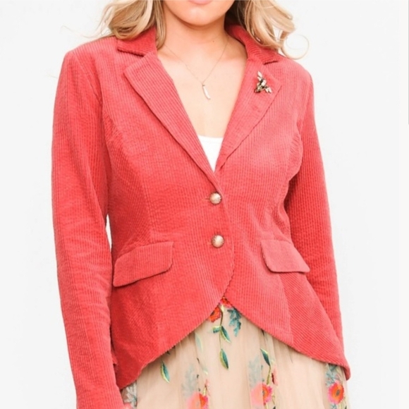 Aratta Anthropologie Pink Corduroy 'Alexander' Jacket Tan Elbows Floral Lined M - Picture 2 of 16
